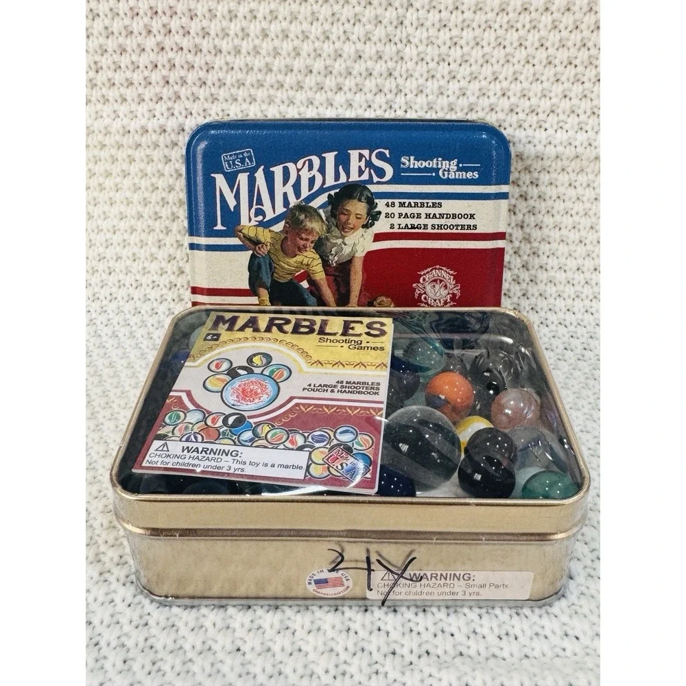 Channel Craft Marbles Shooting Games Tin Set 48 Marbles 2 Shooters Handbook USA